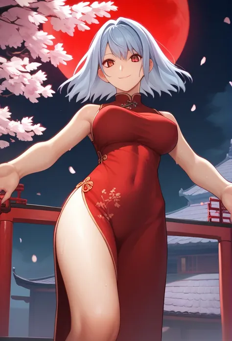 Score_9, Score_8_up, Score_7_up, One girl,smile, Hirokazu Koyama ,Cowboy Shot,Sweaty,sexy,Pixel Perfect,Large Breasts,Anatomically correct, masterpiece, Very detailed,Outdoor,8k, (background,Cherry Blossoms at Night,big red moon,Detailed),(Fits your body,C...