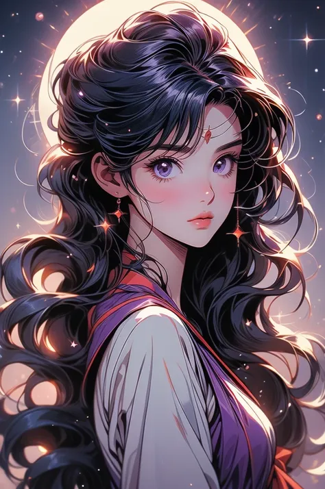 sailor mars,  long dark purple hair, looks at the stars, which are very bright and beautiful, the sky sparkles, night, little fi...