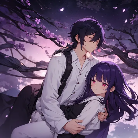 -A boy carries a sleeping girl on his back. -The boy is , expressionless face, red eyes, black hair, He is handsome, She is wearing all-white pajamas. -The girl is , Long purple hair, She&#39;s pretty, She is asleep, She is wearing all-white pajamas. -The ...