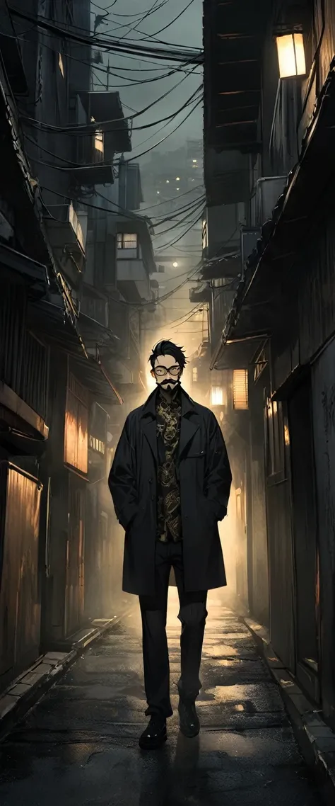 Anime Style。(((One personで: 1.2))),A black silk shirt embroidered with gold patterns。Alley in the fog。Glasses。Thin young man standing with his hands in his pockets。Nihilistic smile。Mustache and beard。Long black hair。He has a black tattoo on his forehead。Go...