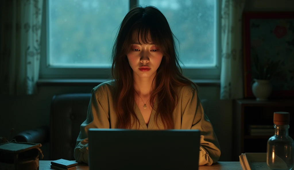 front face,movie poster, Wong Kar-wai movie lighting style, charming sad oriental beauty in vintage blouse and vintage khaki pants, she has disheveled long hair, she looks at the computer in front of her, dim company, sitting in a chair, raindrop window be...