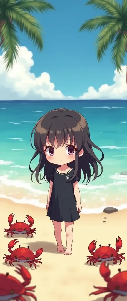 Chibi anime girl with wavy hair and black clothes on the beach looking at crabs 