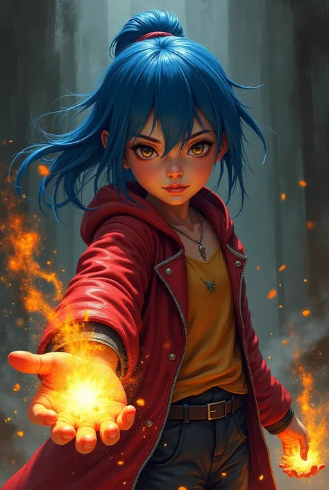 Girl in red clothes and blue hair with gunpowder in her hand 