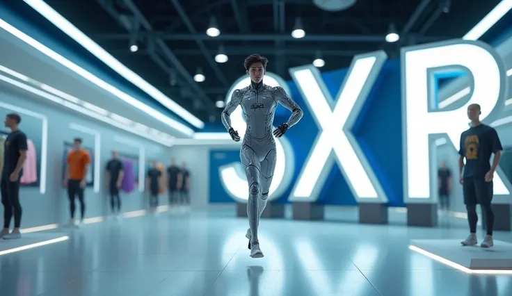 (photorealism:1.2): A realistic, handsome young K-pop idol-looking artificial intelligence with the LED SXR logo and full body runs in the air. A male mannequin displays the sports shops SXR logo on the background and is wearing a gym SXR logo. The environ...