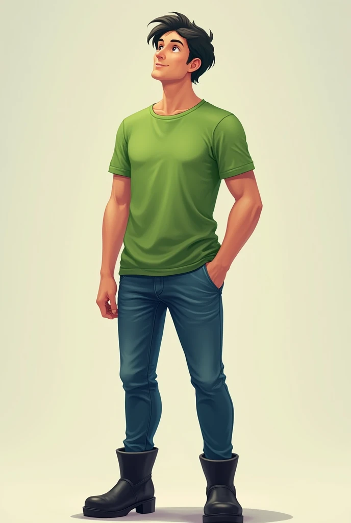 30 year old man with black hair, white skin, wearing a green t-shirt, blue jeans, full body, with his feet showing, black boots, looking up, smiling, Pokémon digital art style 