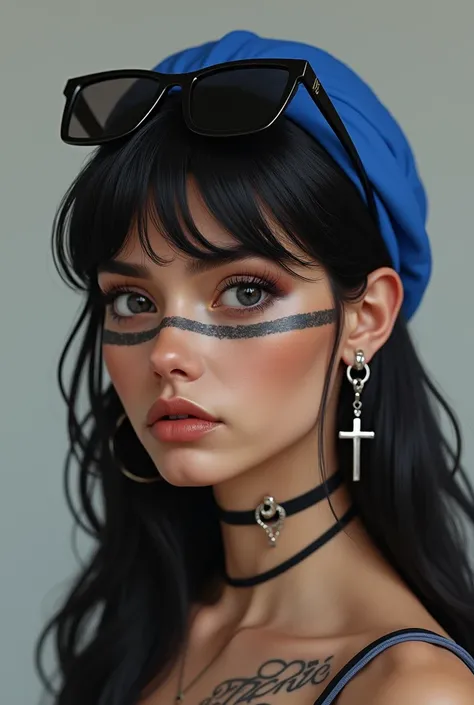 Create a realistic image of a brunette woman with vitiligo with spots more apparent in the right eye on the left cheek going to the neck,  the spots are more grayish, very young with long black hair with a strand hidden behind the blue head, She has a tatt...