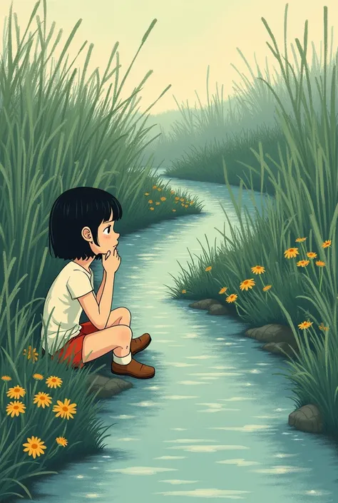 ### **Page 3:**
**Illustration:** Young girl, Mira sitting by a calm stream, thinking deeply.