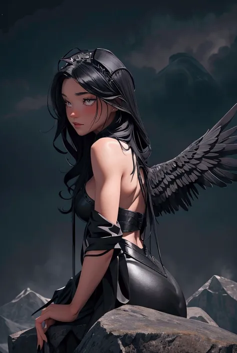 fallen angel with long curly black hair, she has scars on the back of her body, she his on top of a mountain with a bloody sky on the background, black wings, beautiful, 1girl, Solo, High Resolution, Looking at viewer, High Resolution, Masterpiece, Anatomi...