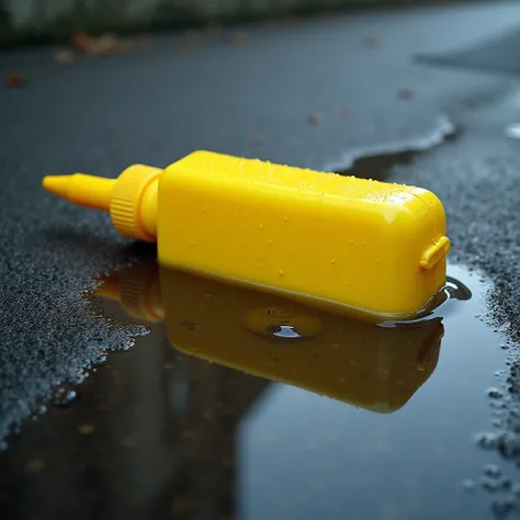 "A detailed close-up shot of a large yellow glue container lying in a puddle on wet asphalt. The bright yellow of the glue container stands out vividly against the dark, textured surface of the asphalt, with water rippling around it. The container is promi...