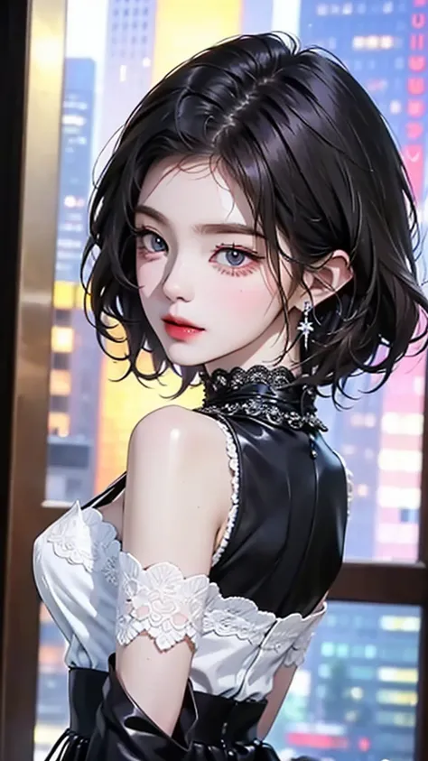 (extremely delicate and beautiful:1.2), 8k, (masterpiece:1.0), (best_quality:1.0), 1girl, solo, young woman, complex details, enlarged textures, complex details, finely detailed eyes and detailed face, intricate details, (cleavage), modern clothes, (closed...