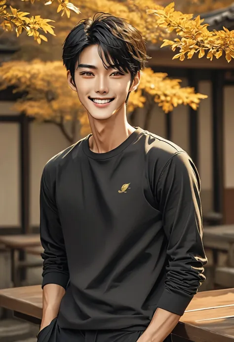 Man. Tall and thin body. Strong. smile. Korean dude. short black hair with golden highlights. golden eyes. attractive. sexy