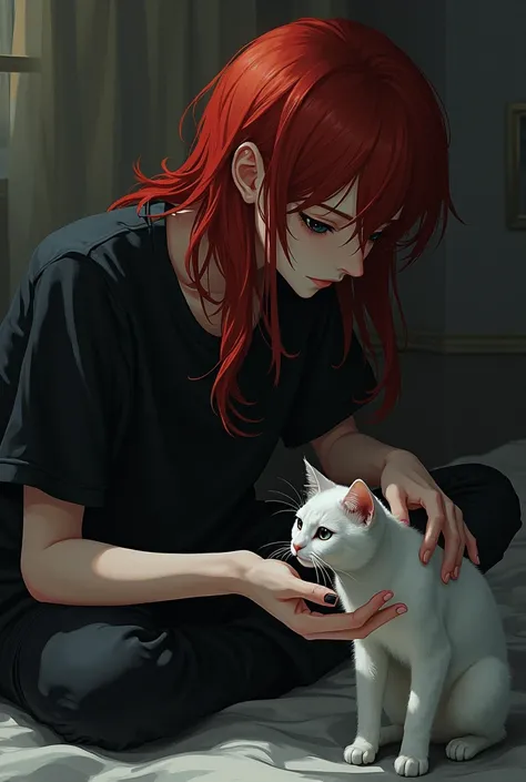 Male teenager with long red hair, black eyes, black t-shirt, crouched down petting a cat