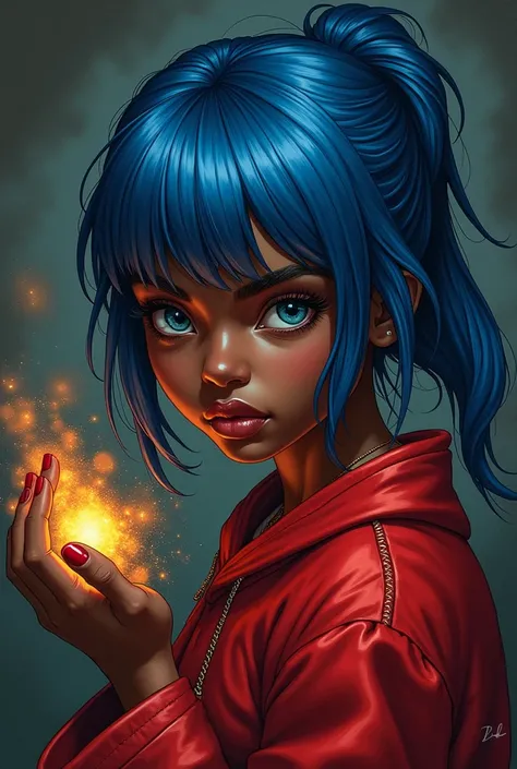 Tattoo design Dark girl in red clothes and blue hair with gunpowder in her hand 