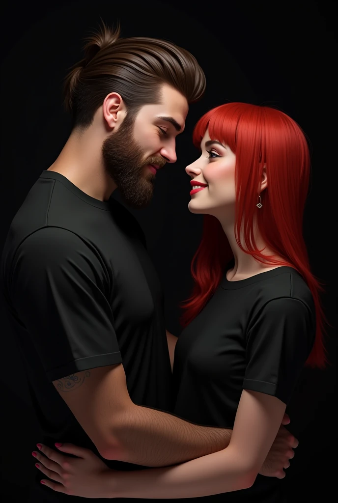 A red-haired adult woman, Blood red hair, fringe, Black Shirt, smiling an adult man, shaved hair on the side and long on top, with the hairstyle to the side, big beard, Black Shirt de mangas longas

Ambos se beijando 

Fundo escuro 