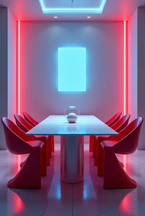 A table with neon-colored chairs and a michela 

