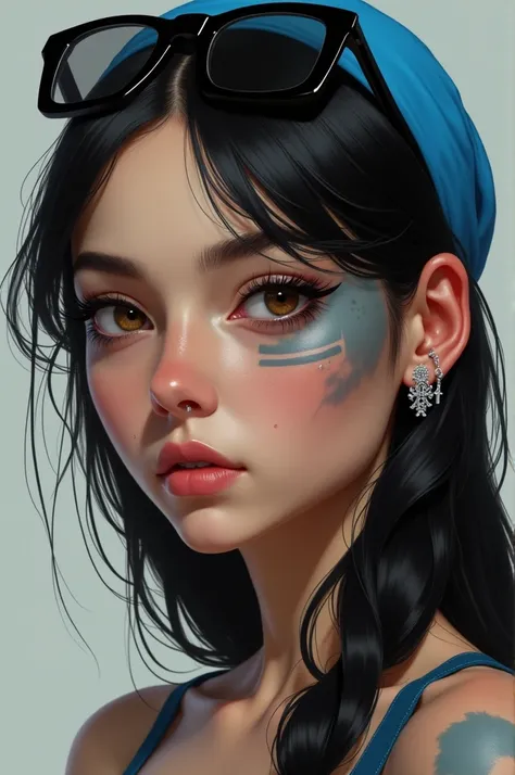 Create a realistic image of a brunette woman with vitiligo with spots more apparent in the right eye on the left cheek going to the neck,  the spots are more grayish, very young with long black hair with a strand hidden behind the blue head, She has a tatt...