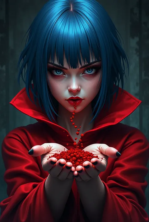 Tattoo design Evil dark girl in red clothes and blue hair with gunpowder in her hand 