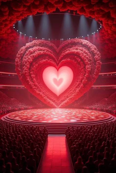 Make a stage image for Tour, inspired by cherries, hearts, rosa, and red, in a stadium. Take a picture of the stage from afar to see it all