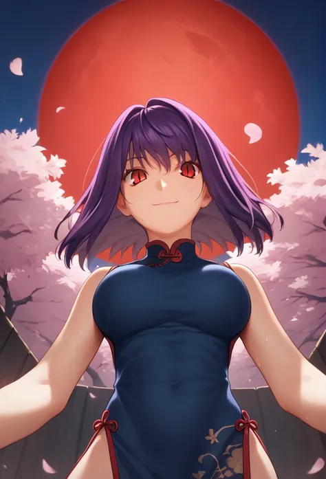 Score_9, Score_8_up, Score_7_up, One girl,smile, Hirokazu Koyama ,Cowboy Shot,Sweaty,sexy,Pixel Perfect,Large Breasts,Anatomically correct, masterpiece, Very detailed,Outdoor,8k, (background,Cherry Blossoms at Night,big red moon,Detailed),(Fits your body,C...