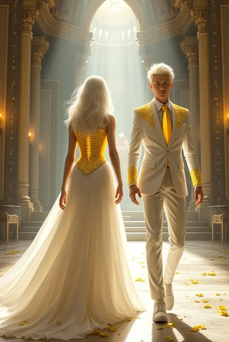  two brothers, An albino girl and boy entering the throne room. The girl is dressed in a yellow corset and a long trailing white skirt. The boy in a white suit with yellow sparkles.