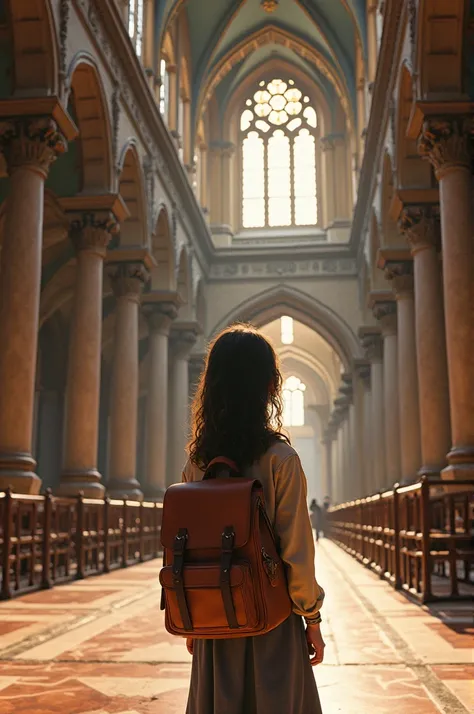 A girl with her backpack in the cathedral in Moquegua, a realistic image