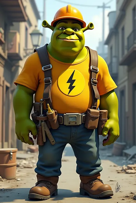 Disney&#39;s Shrek electrician worker, embodied with the electrical hazard logo on the shirt, with helmet, BOOTS, Jean, glasses, tools, screwdrivers, pliers, at the waist, ammeter clamps 