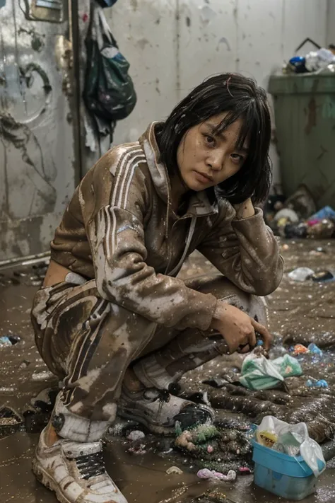 
An 1 Korean woman surrounded by a pile of garbage,aespakarina,bobcut,Beggar,beggar,(((Homeless))),(((Bad smell,oil,Mud stains,shit,dirty))),(((Frowning,Look at the camera))),((((The room is full of garbage))),Very fine eye, (((Wear a tracksuit