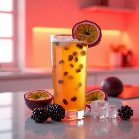 Passion fruit drink in a glass showing the seeds inside the glass, with blackberries and ice on the side, white kitchen background and red lighting light 