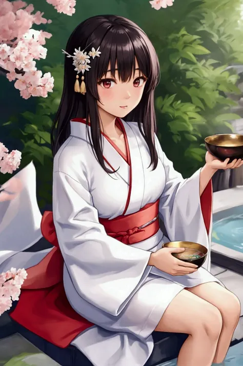 arafed asian woman in a white kimono dress holding a bowl, in kimono, in a kimono, wearing white silk robe, wearing kimono, wearing a kimono, wearing translucent sheet, kimono, classy yukata clothing, yukata clothing, japanese kimono, wearing a simple robe...