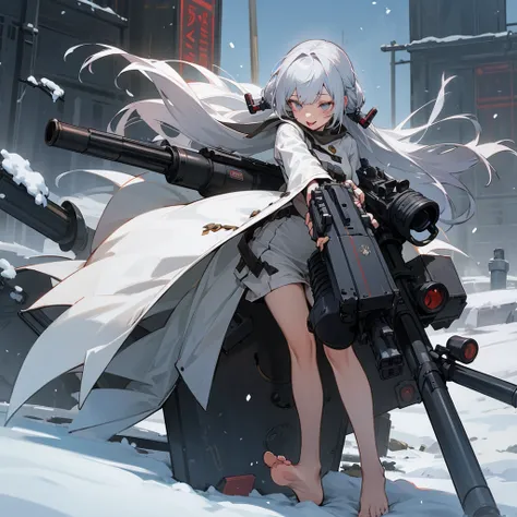 1 person,girl, Gray Hair, Semi-long hair,Wink,Sticking out tongue,barefoot,Lots of Gatling guns,Bullet-ridden,snow