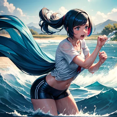 masterpiece, Best Quality, (Dynamic pose:0.5), Absurd, One girl,  Fighting Pose, Punch Water, (Attacking with water:1.5) Wet clothes, wet hair, Wet Face, Water behind a person, Multicolored Hair, (wind:1.4)