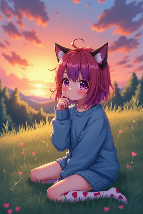 Create an illustration of a girl in a blue sweatshirt, some heart stockings, reddish hair with purple bangs, cat ears with an anime style. She is lying on the grass with a beautiful sunset 