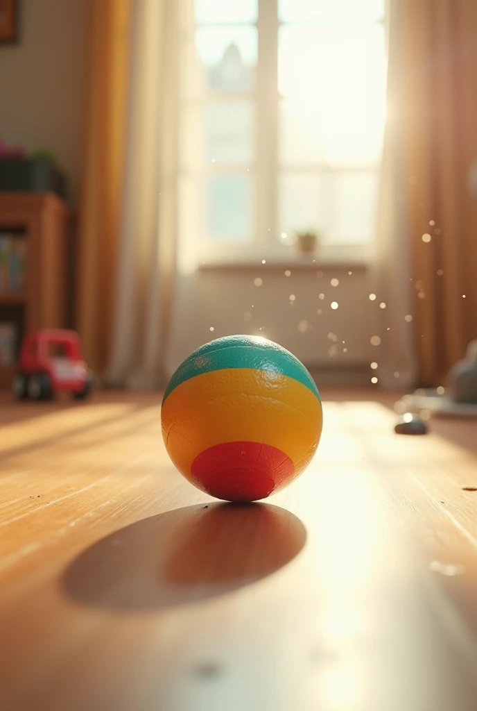 The toy ball rolled across the floor