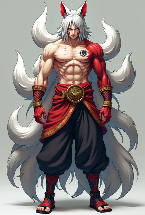 I want you to create a Naruto image, where it is 3 meters high, have waist-length hair, silver-colored , with red fox ears and piercings like the god of destruction bills, In addition to having 10 tails, and that he has a body similar to that of Brolli in ...