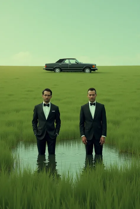 One green background with Thar car and two men bathing on it and wearing wedding clothes
