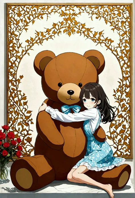 (((simple setup)))、(((The background is a white wall:1.2)))、a girl、(((hug a giant teddy bear)))、perfect anatomy、pictorial、outline、Very delicate、cloud pattern wall、、Floral、delicate representation、resumlistum、Bright colors overall、soft colour、Romance Taisho、...