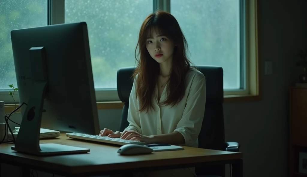 front face, full body, movie poster, Wong Kar-wai movie lighting style, charming sad oriental beauty in vintage blouse and vintage khaki pants, she has disheveled long hair, she looks at the computer in front of her, dim company, sitting in a chair, raindr...