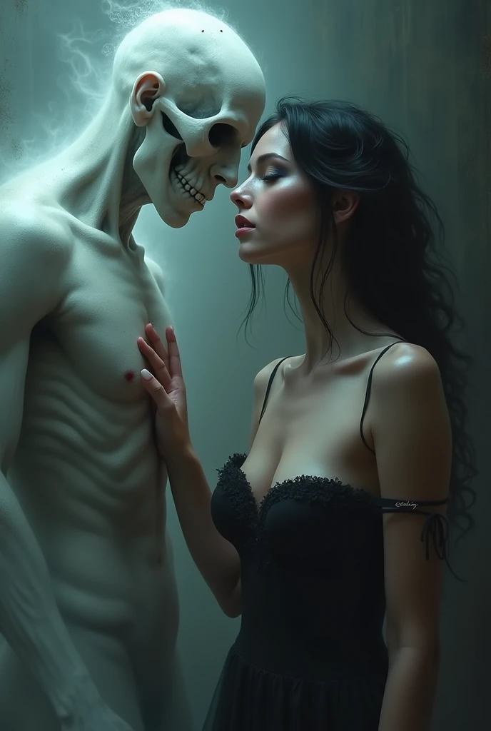 (photorealism:1.2), beautiful woman, sexy, with heavy cleavage, touching ghostly death
