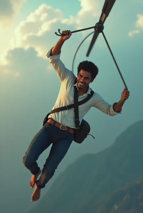 create a 3d image. A 18 years tamilnadu male holding one rope from a helicopter. he must wear white full sleeve shirt with a sholder bag and his face should be visible... 
