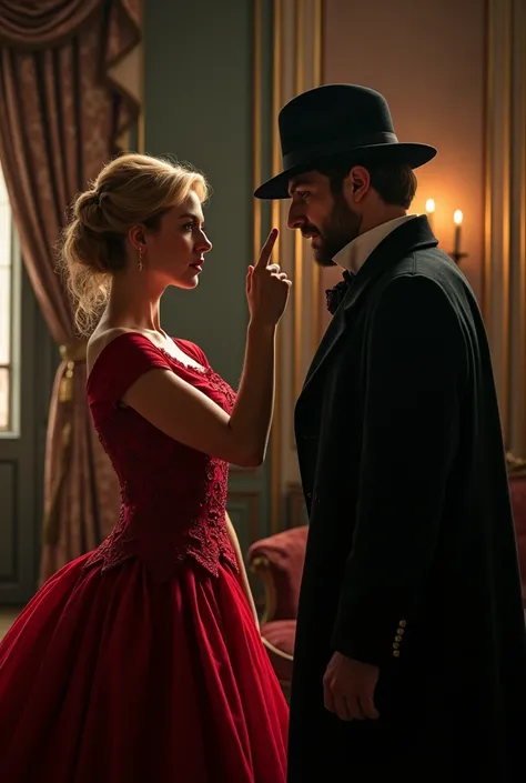 Create a realistic image of the 19th century: woman pointing to the detective&#39;s neck she was a soft blonde dressed in red but she was a murderer and the detective had brown hair wearing a hat.