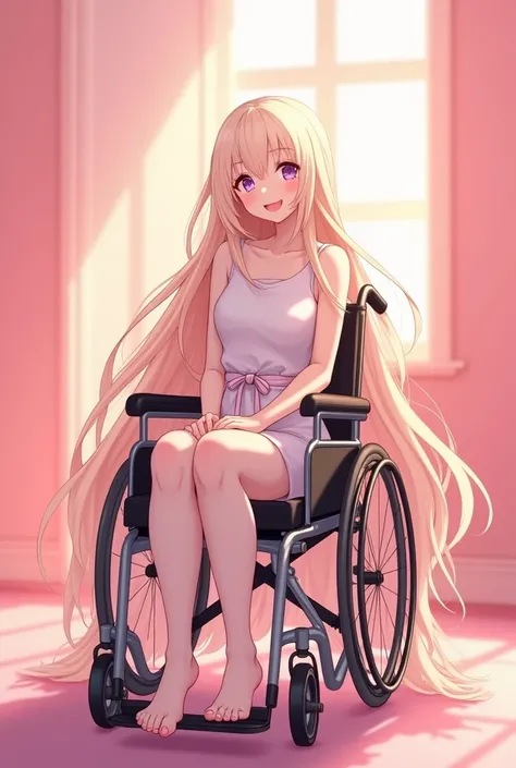 Anime style:1.6,  full body, sweet woman, wheelchair, podcast, pink background music, long hair 