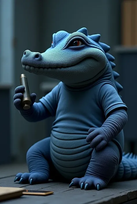 Create a dark blue plush alligator that studies production engineering in northeastern Brazil, that has a calculated ash in hand, a lead gray t-shirt, ARMS,  legs, tail and whole body, based on the structure of an alligator 