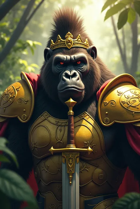 gorilla with golden crown and armor, hair like Elvis Presley, big red eyes,with a sword in hand, na selva