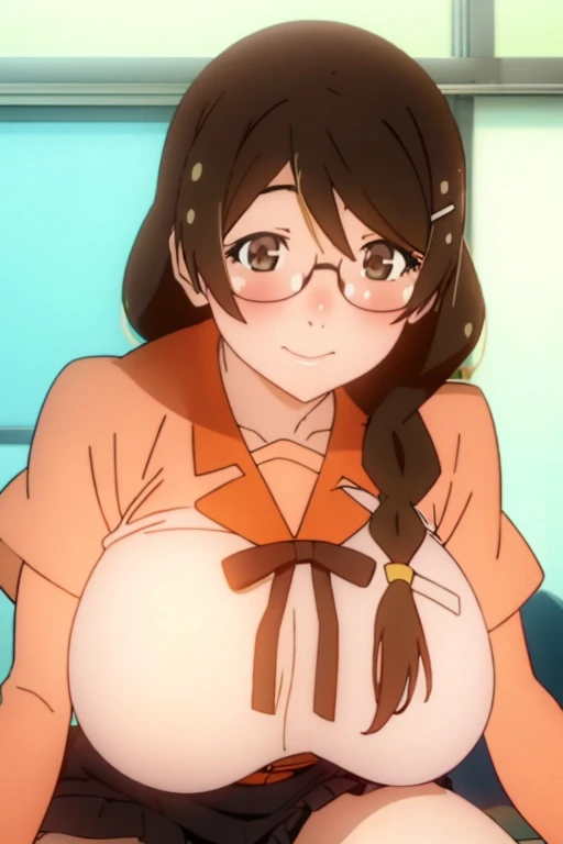 tsubasa hakawa of kamonogatari、black hair pigtails、beautiful black eyes、busty、huge and bouncy breasts、blushed cheeks、glasses、smi...