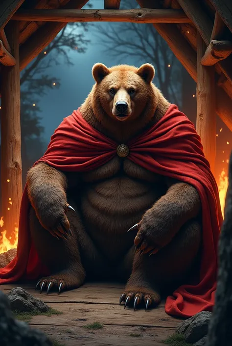 A very majestic werebear with a strong, muscular body wearing a red cloak, very majestic, sitting in a wooden hut at night. 