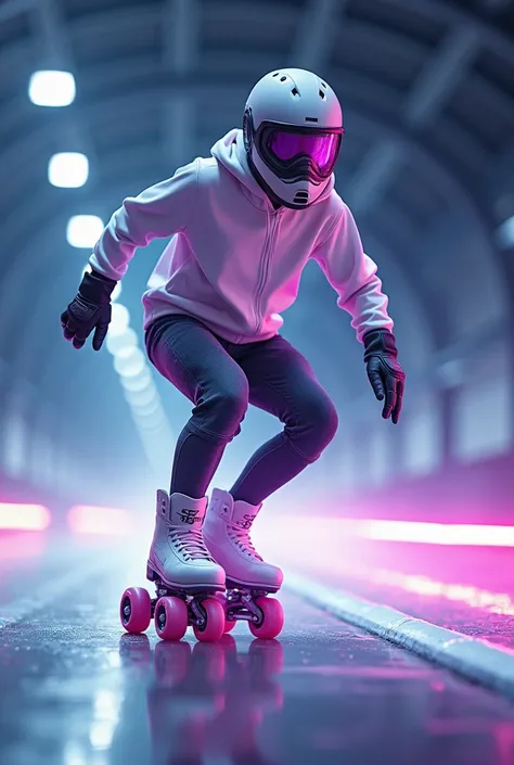 Create a long sleeve skating shirt, clear white color with some flashes of speed and skate wheels also includes purple and black roads