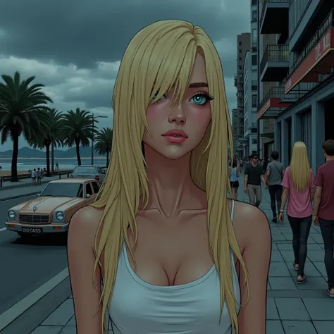 In a dark fantasy comic book type scene HQ comics, an 1 girl, with long blond hair, smooth, covering one of his blue eyes, featured on the scene, where is looking to the side, standing on a sidewalk, in the city of Rio de Janeiro. Your soft lips, with a na...