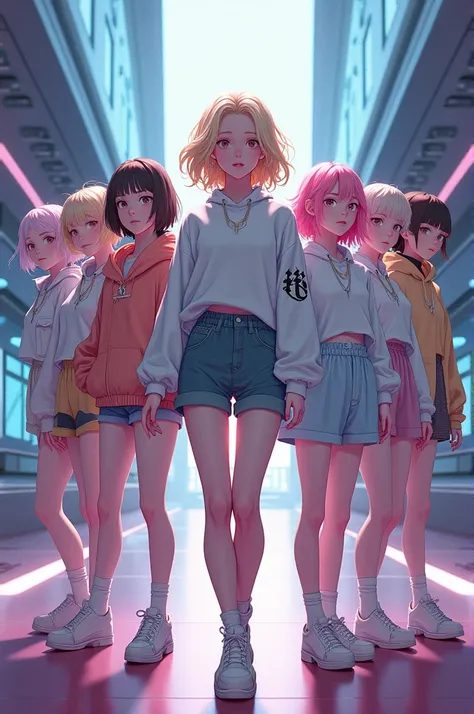 Six girls in a futuristic setting With the one in the center blonde and the other with short light pink hair 