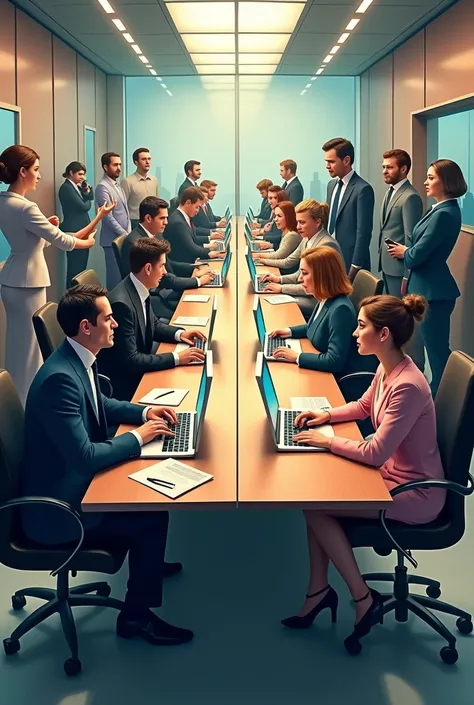 No fundo, an image representing a modern office, with several people working. to the left, several men in suits, behind luxurious tables. On the right, equally empowered women, but visibly in lower positions, some looking at computer screens, others on the...