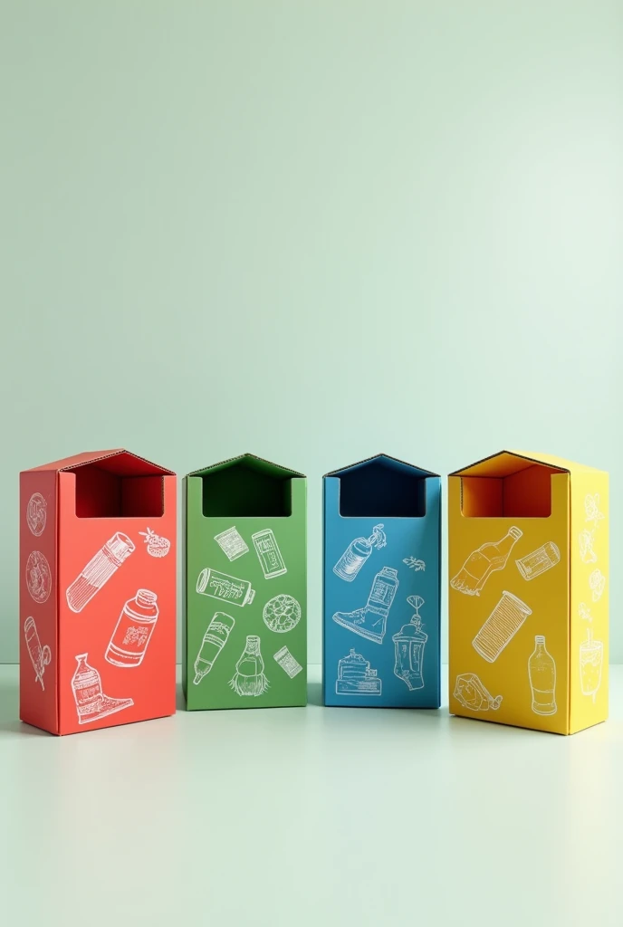 Four recycled cardboard trash cans, one red with drawings of hazardous waste, as remains ,syringes, Batteries ,batteries and insecticides, cell phones ., a green one with drawings of glass bottles ,y uno azul con dibujos de paper y cajas de cartón: food pa...